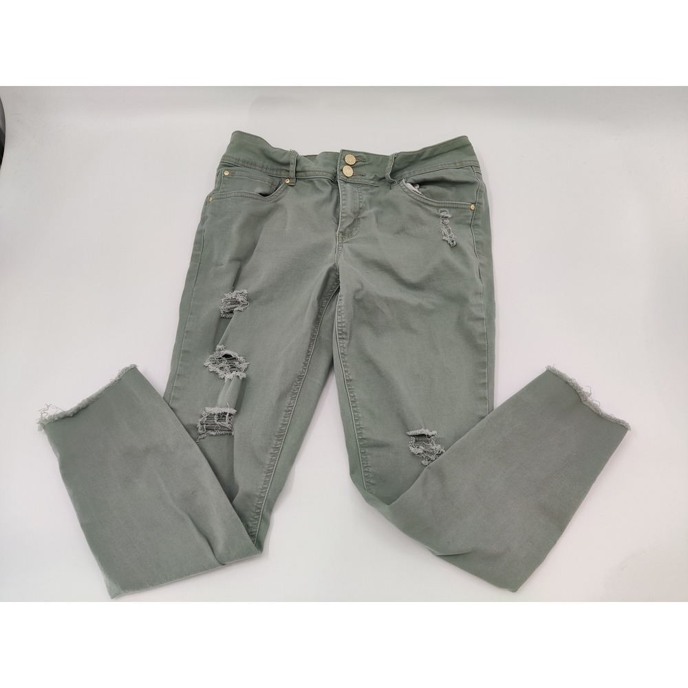 Refuge Womens Size 10 Olive Green Distressed Skinny Jeans Raw Hem Stretch Denim